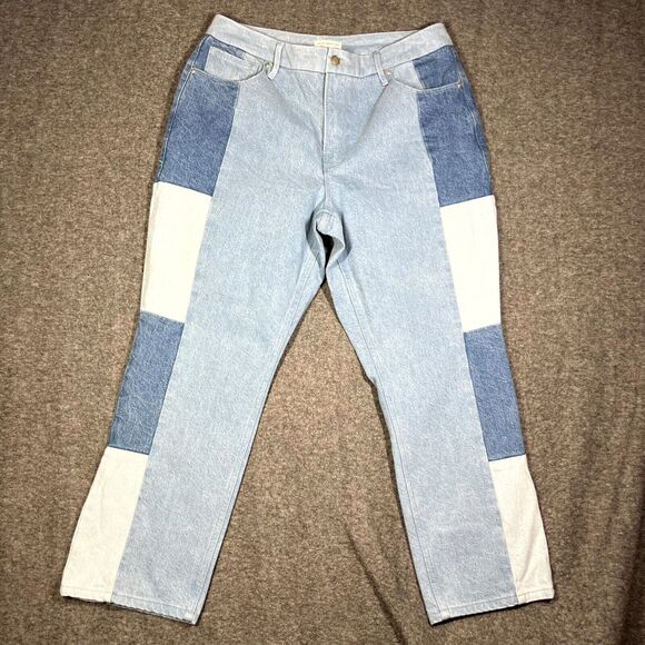 Good American Denim - Good American Womens Blue Icon Patchwork Denim Straight Jeans 15 90s 34x27.5